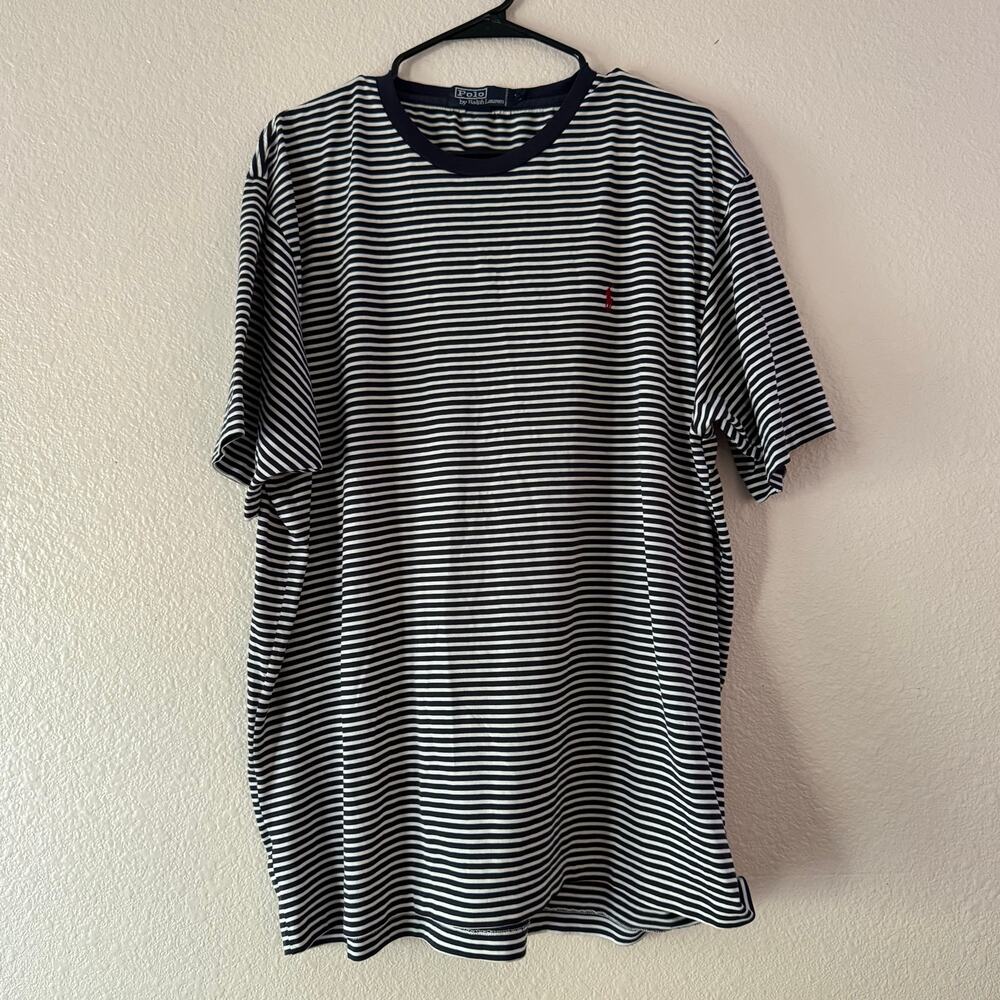 Vtg Polo by Ralph Lauren Striped T Shirt Red Pony Logo Navy Blue Mens XL